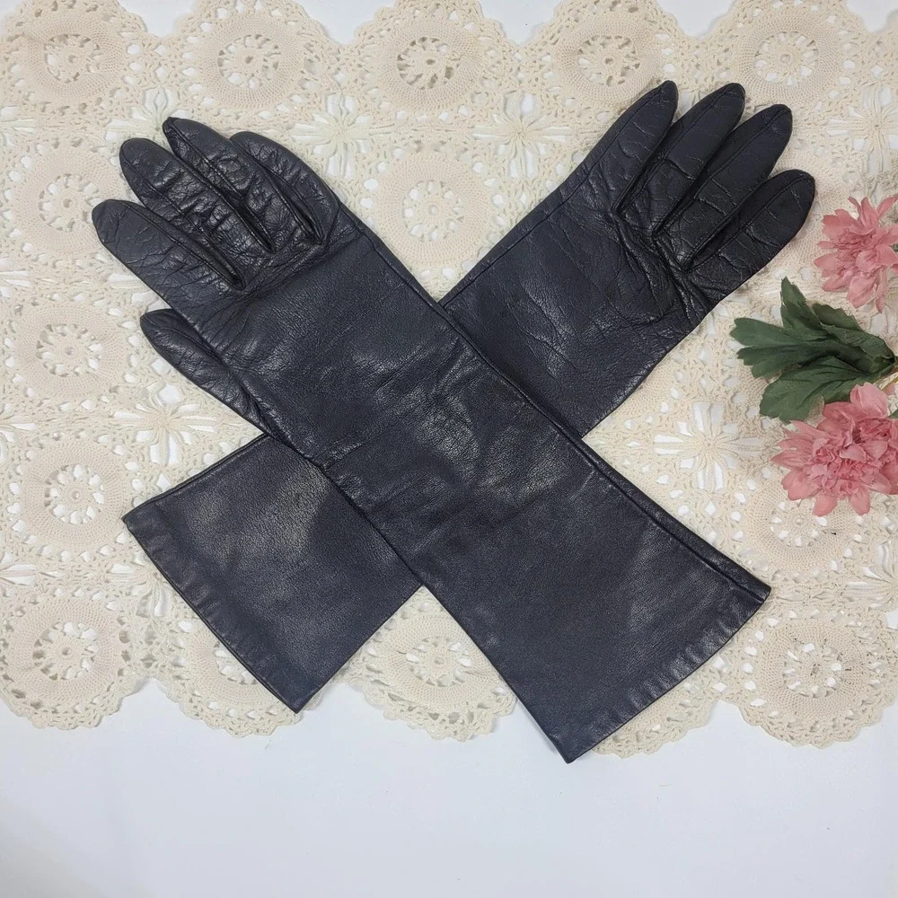 Vintage Long Black Leather Gloves Silk Lined Size 6.5 Elbow Length Evening Opera